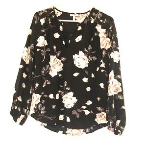 Joie Black Silk Ling Sleeve Floral Top XS
