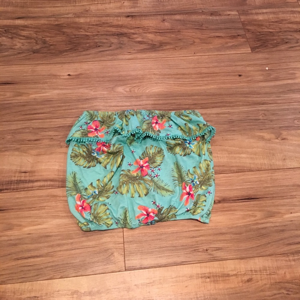 Turquoise Floral Tropics Strapless Crop Top