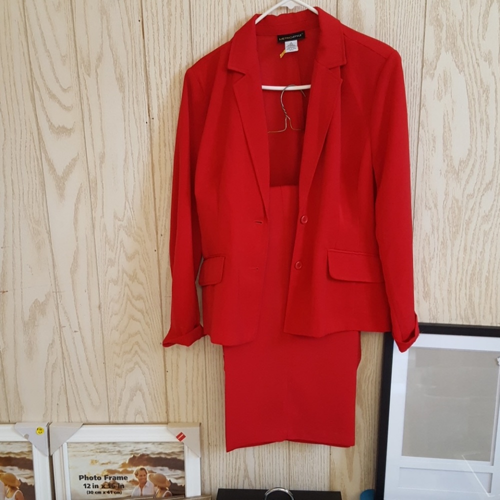 Red two piece pantsuit.