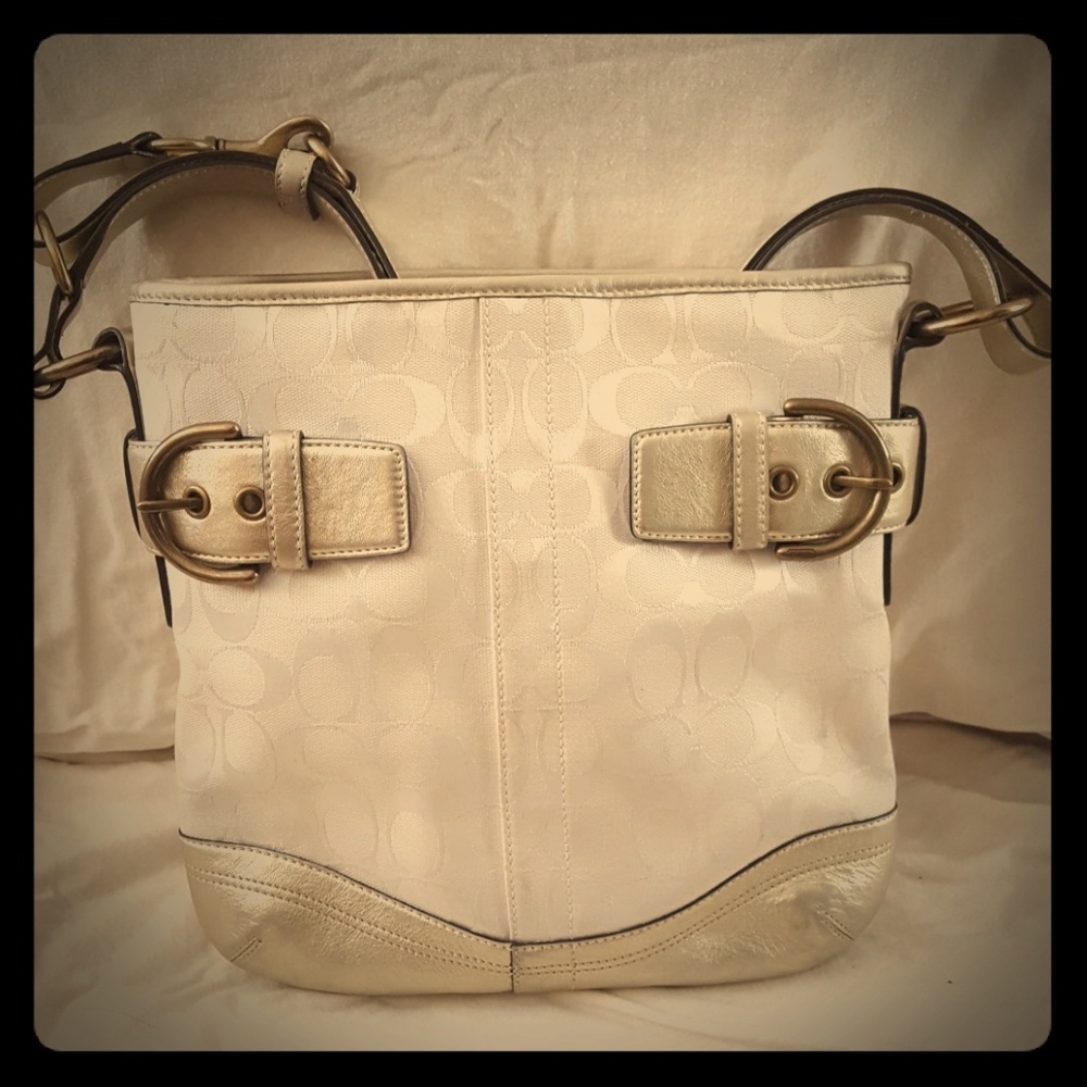 COACH logo white fabric with leather trim handbag