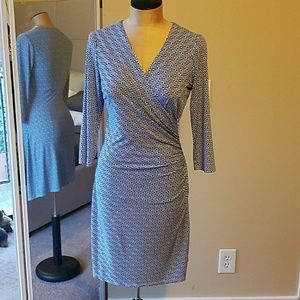 Navy and white faux wrap dress