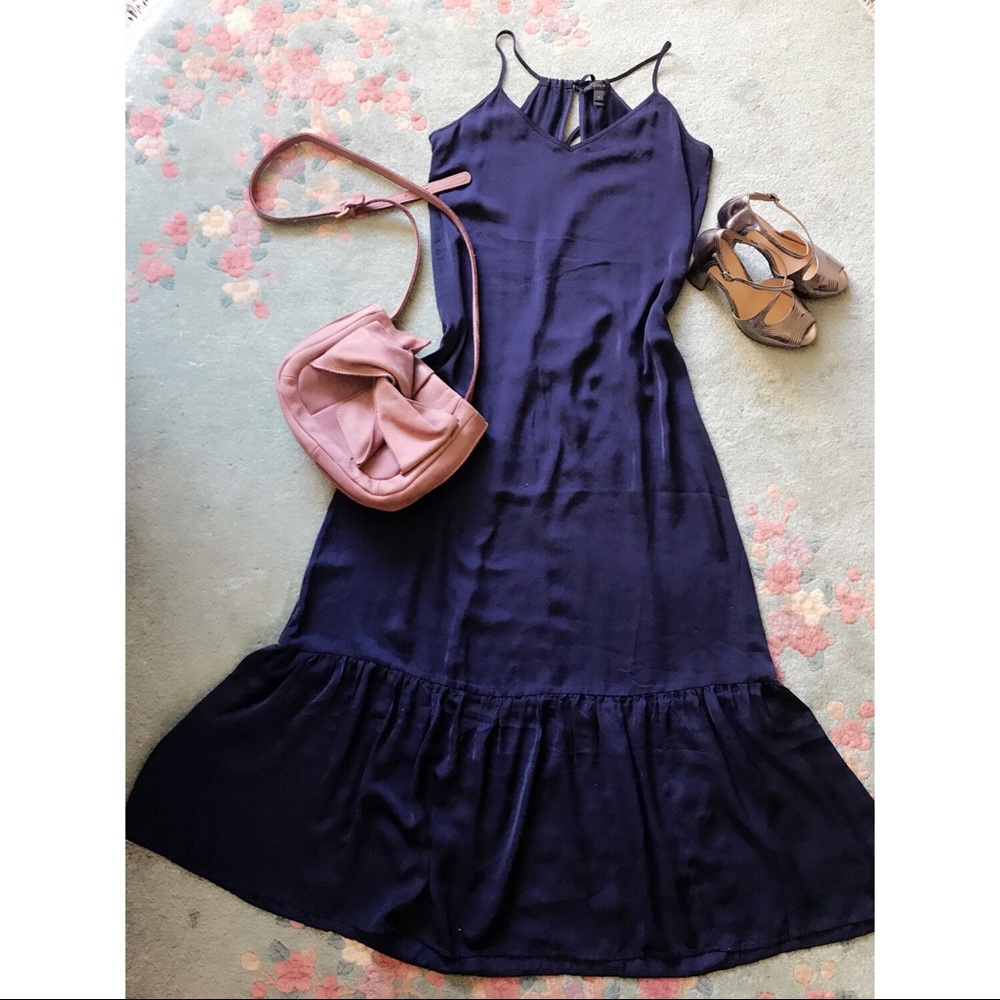J crew navy mermaid maxi dress with tassel detail