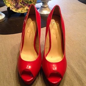 Jessica Simpson ruby red patent leather stilettos.