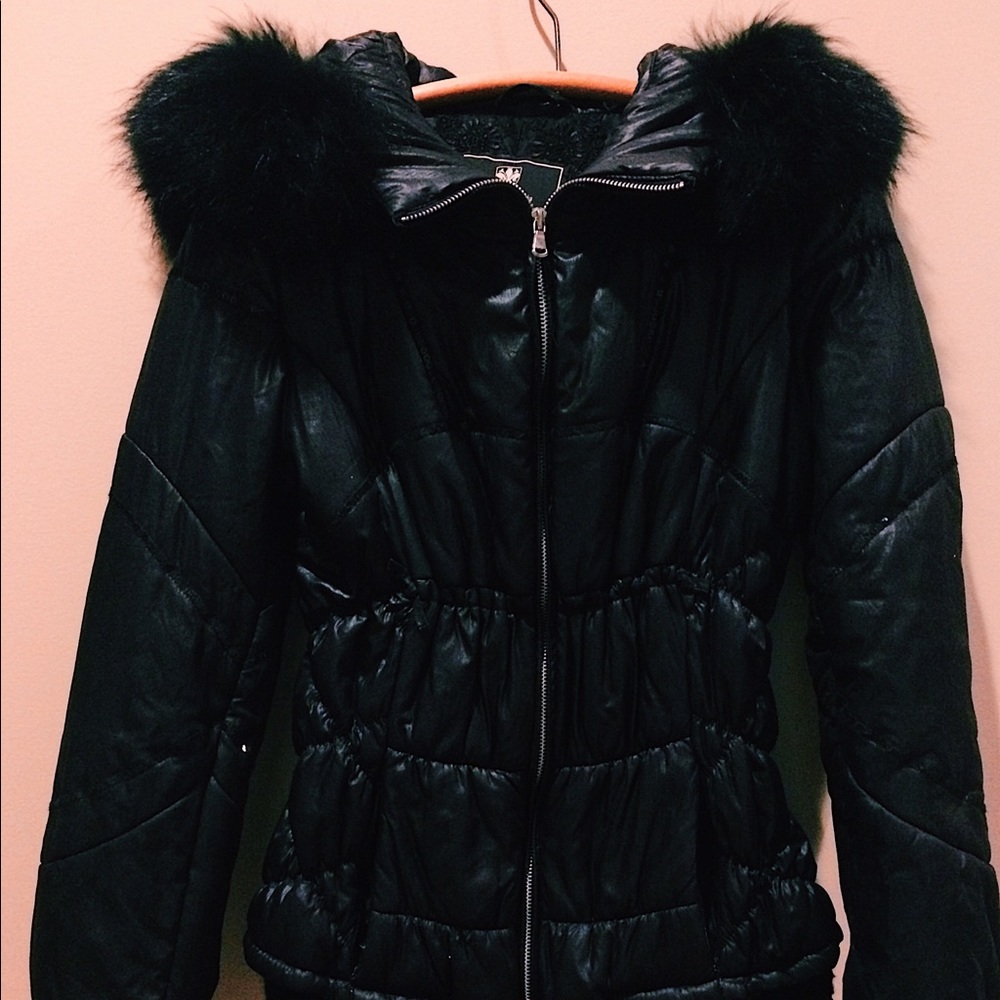 Black Leather Winter Coat With Fur Hood