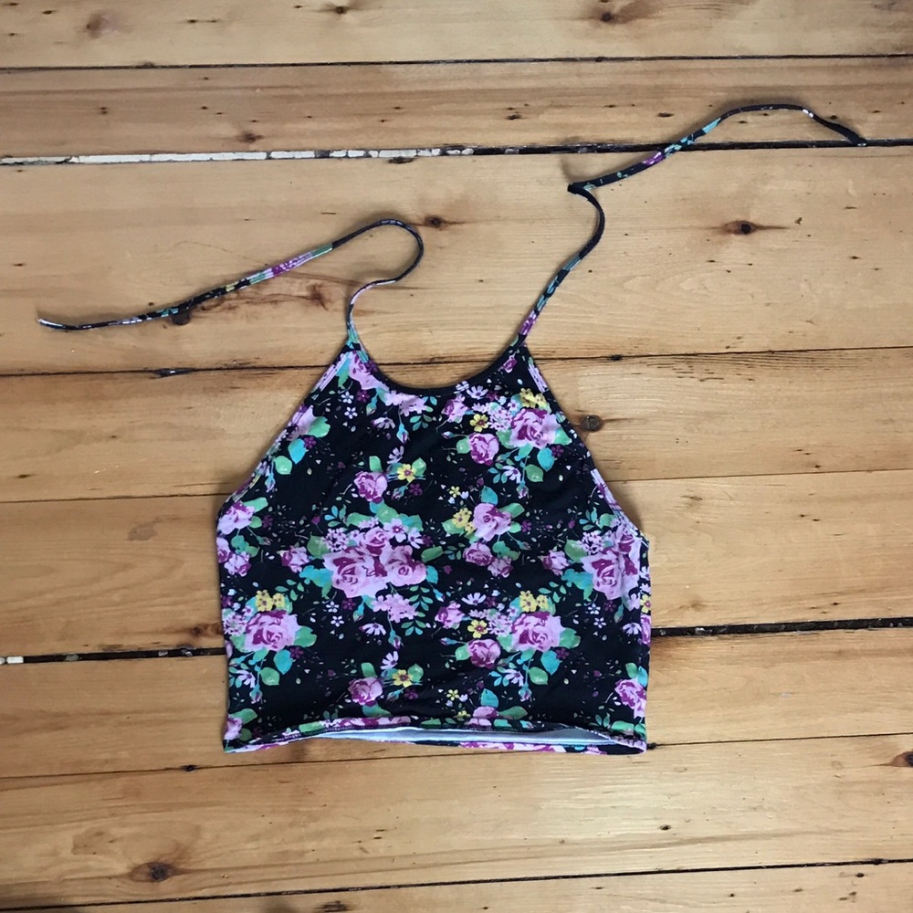 Urban Outfiiters Black Floral Cropped Halter