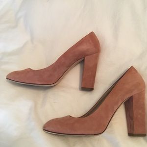Block heel blush suede pumps