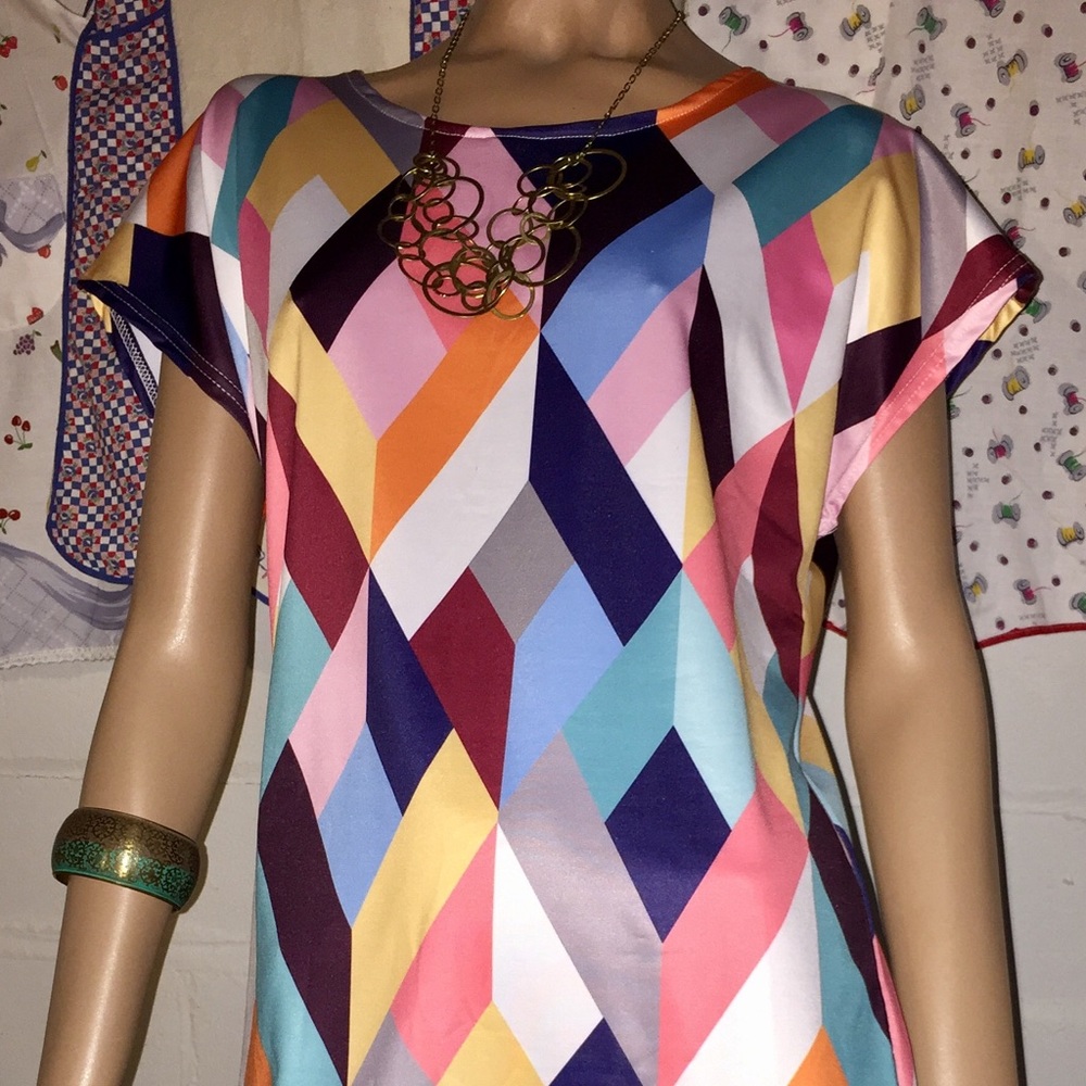 Stretchy Multi-colored Graphic Print Mini Dress~Lg