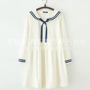 White long sleeve pleated sailor dress