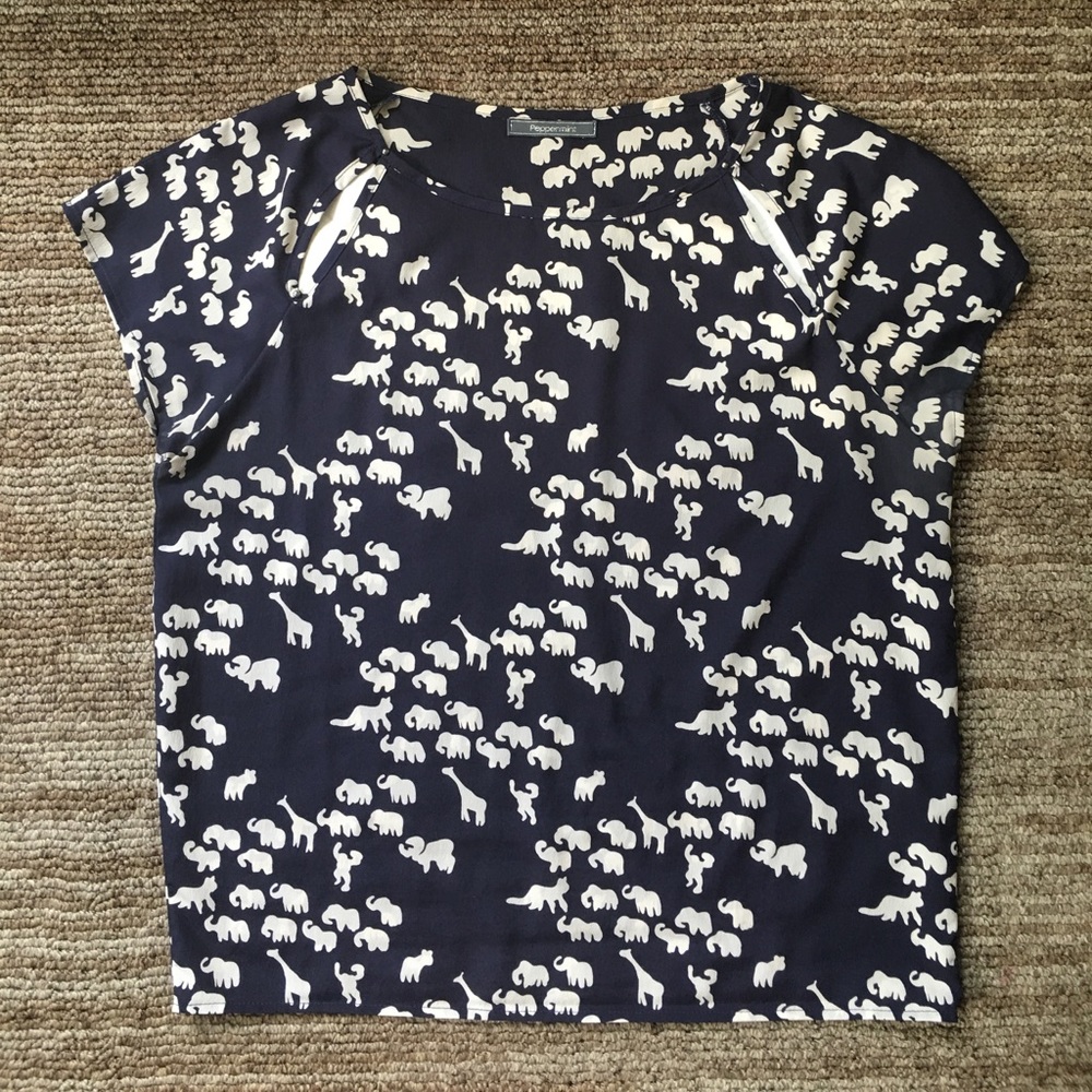 Navy safari animal print blouse w/shoulder cutouts