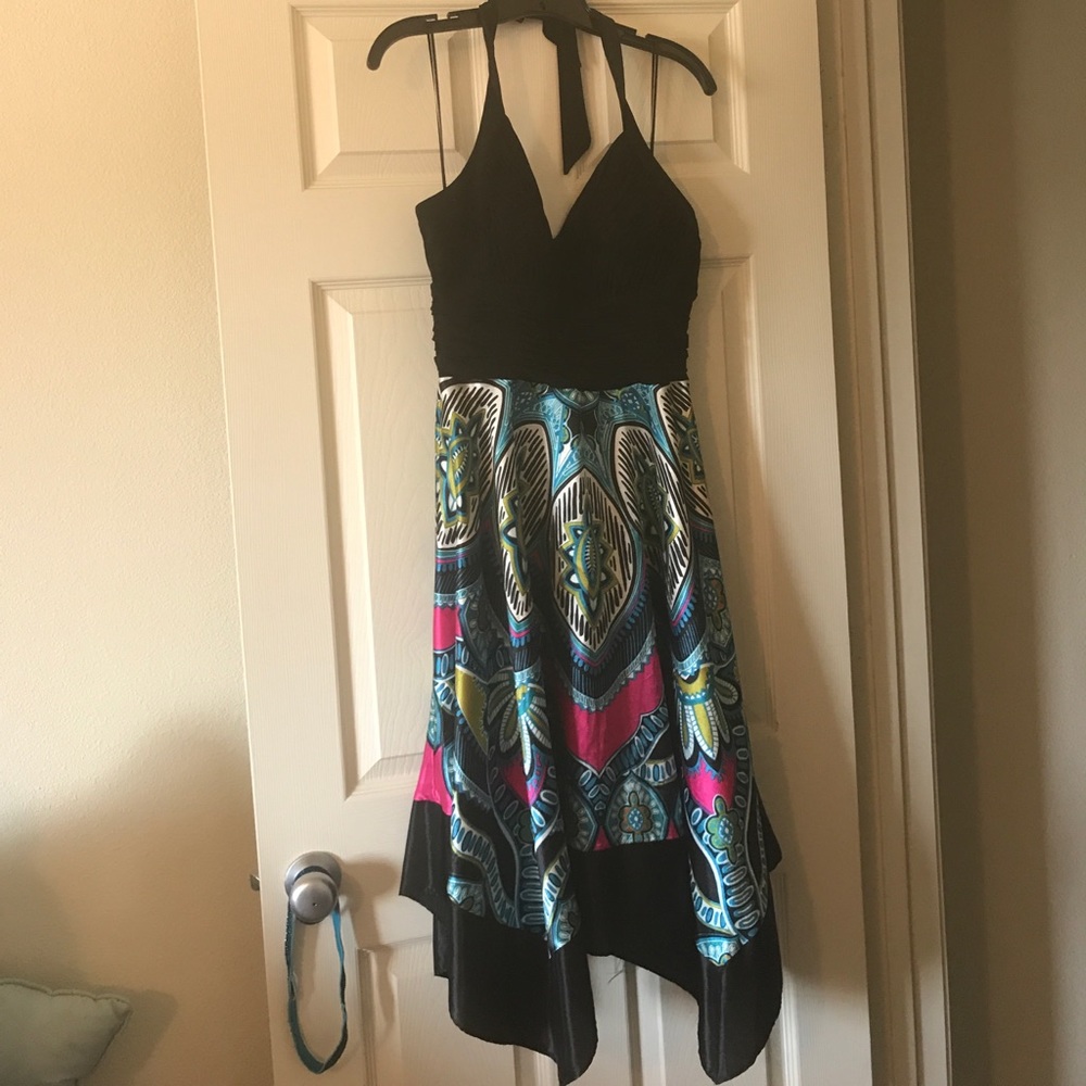Vibrant asymmetrical halter top dress size 14