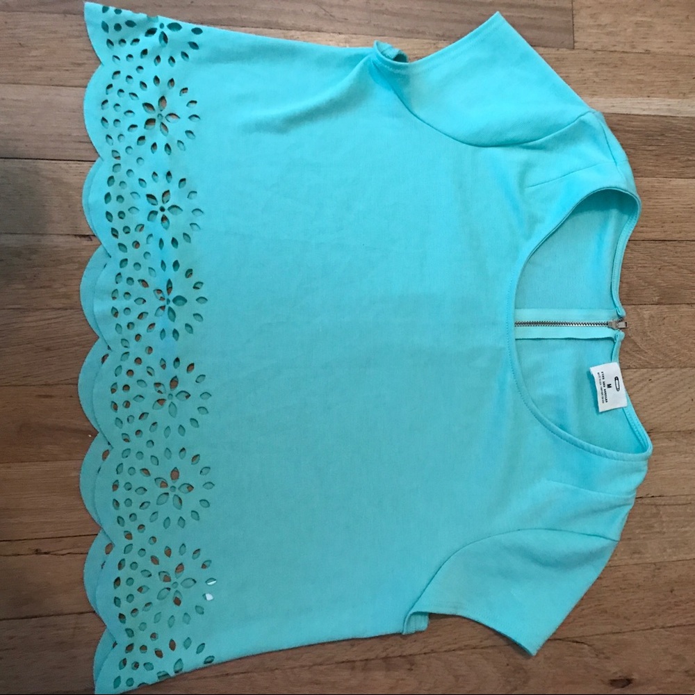 Teal crop top with scalloped bottom cut outs