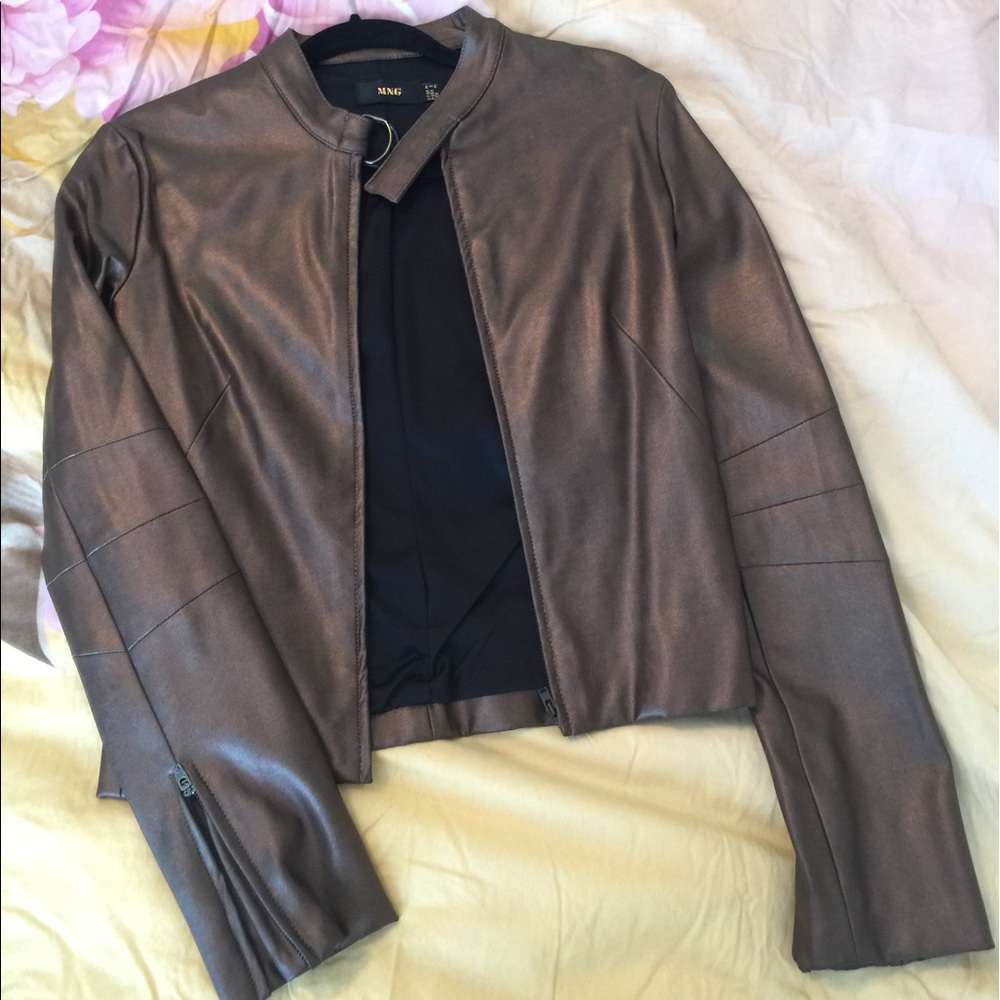 Brown metallic cropped motorcycle jacket
