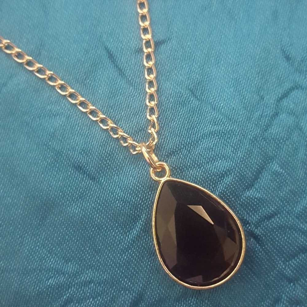 Black Jewel Drop Necklace w/ Gold Setting & Chain