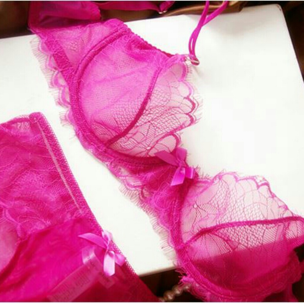 Pink-purple high-end thin lace lingerie set 32A/B