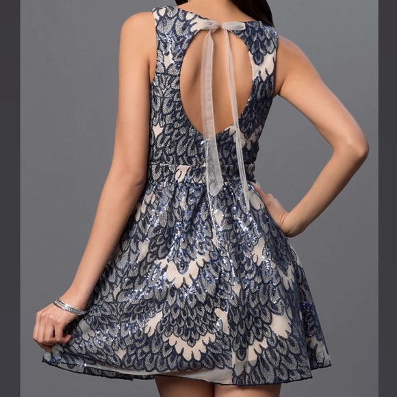 Navy Blue & Cream Sequin Dress by As U Wish Size 5 - Picture 3 of 3