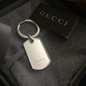 Brand New in Box Gucci Silver Dog tag Key Fob