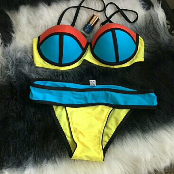 Neon colorful bikini two pieces swimsuit set - Picture 1 of 3