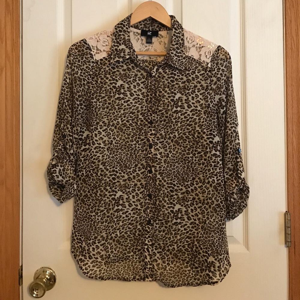 Animal print sheer button up with lace accents