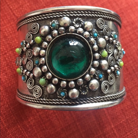 Ten Thousand Villages Aqua and Silver Bangle - Picture 2 of 4