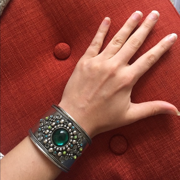 Ten Thousand Villages Aqua and Silver Bangle - Picture 3 of 4