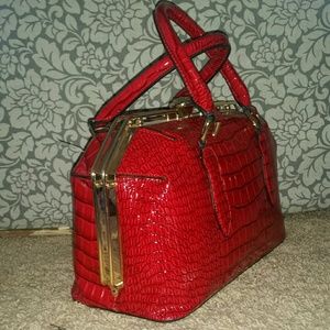 Red patent croc gold kiss lock  handbag