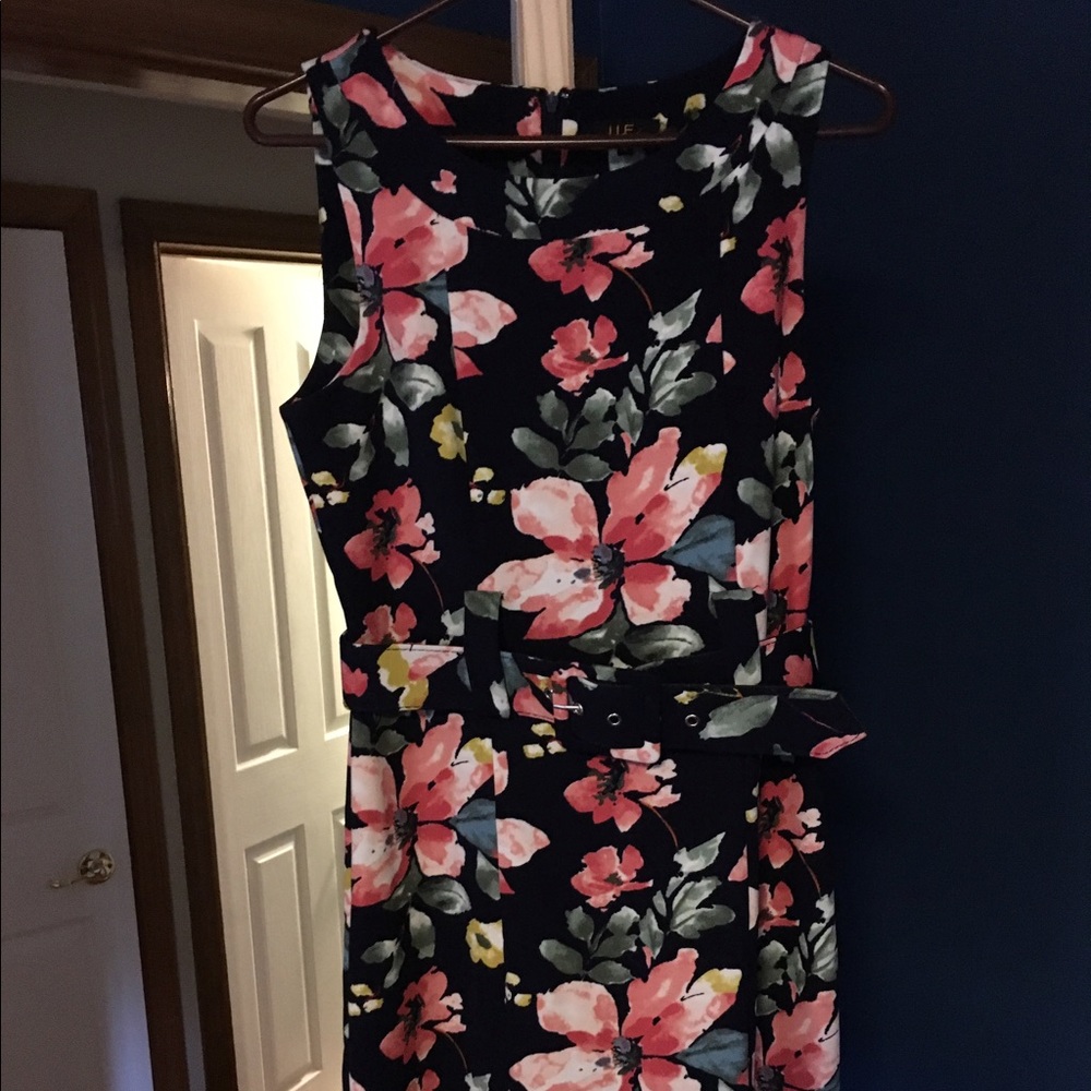 Floral mid length navy dress with belt