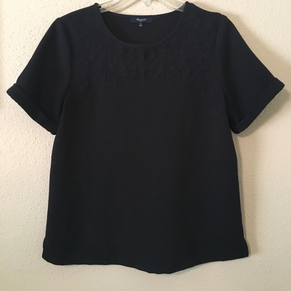 SOLD Black Leaf Embroidered Madewell Top