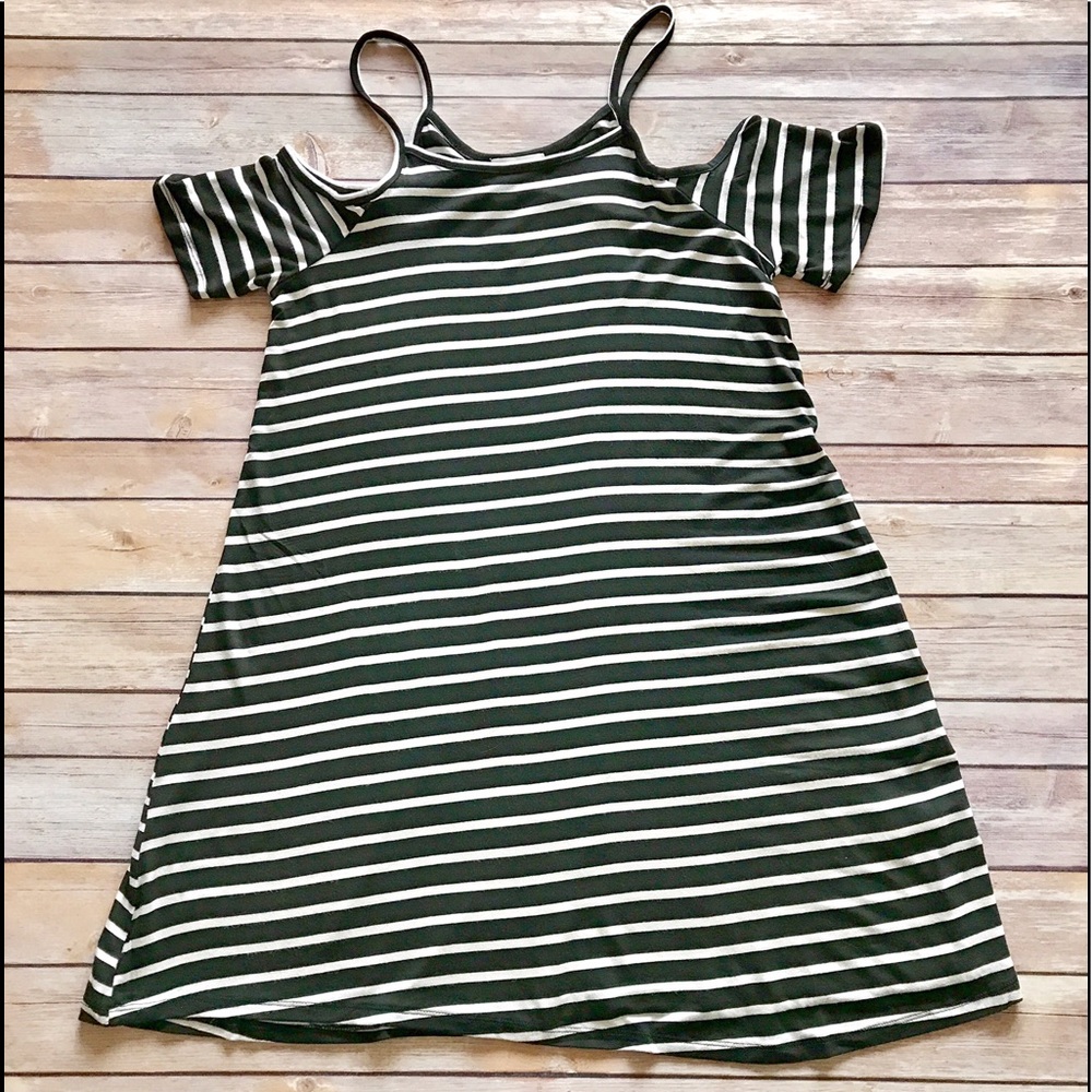SOLD OUT - Black/Ivory Striped Cold Shoulder Dress