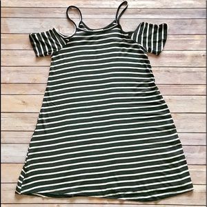 SOLD OUT - Black/Ivory Striped Cold Shoulder Dress