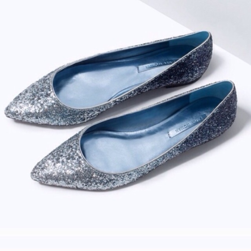 ZARA WOMAN blue & silver ombré glitter flats