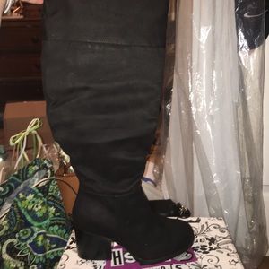 Black Suede Heeled Boots-- Wide Calf
