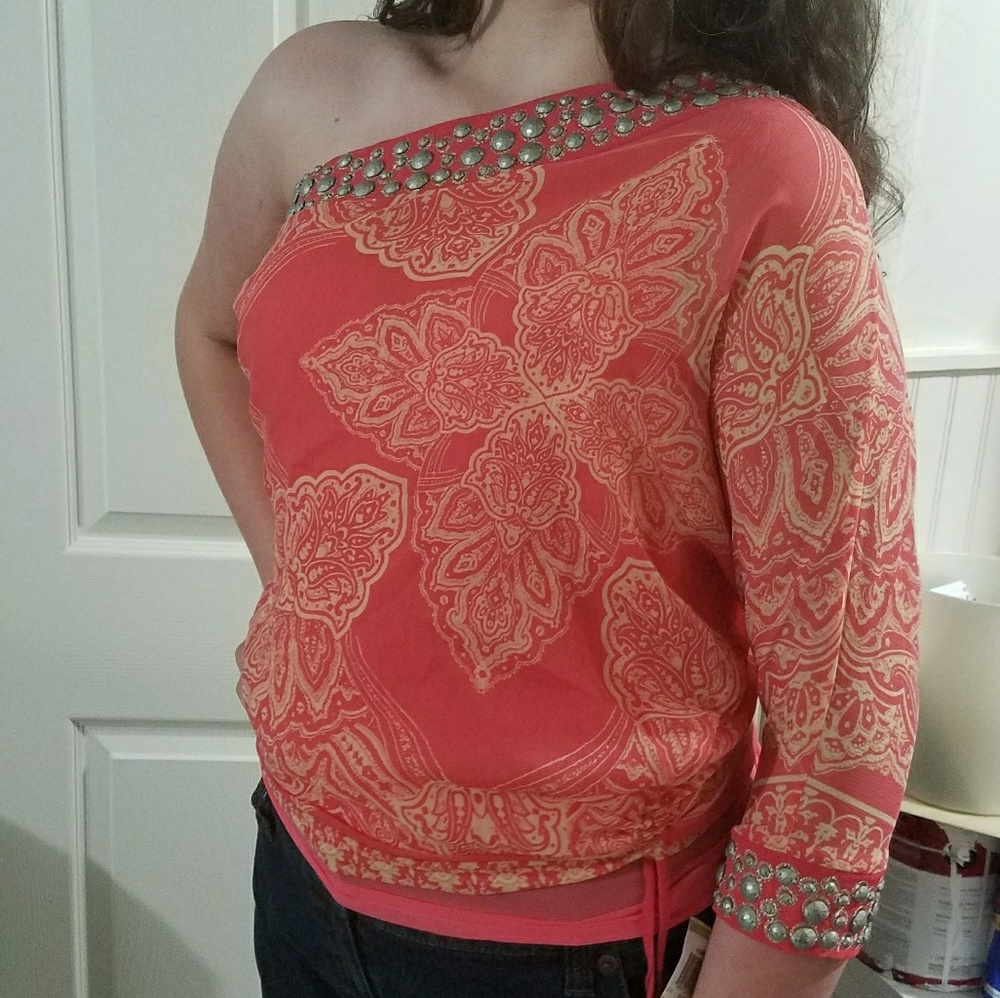 Coral One Sleeve Beaded Top