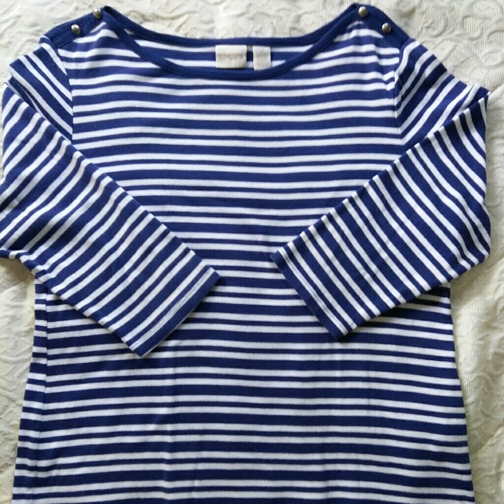 Chicos Navy Stripe Top Plus Sz 2(Sz 12) Long Sl