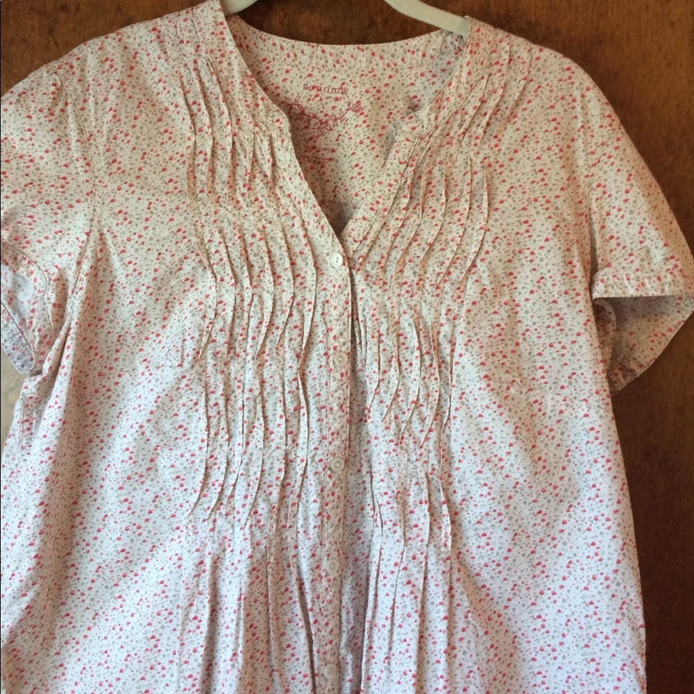 Sonoma beige, green and red print shirt.