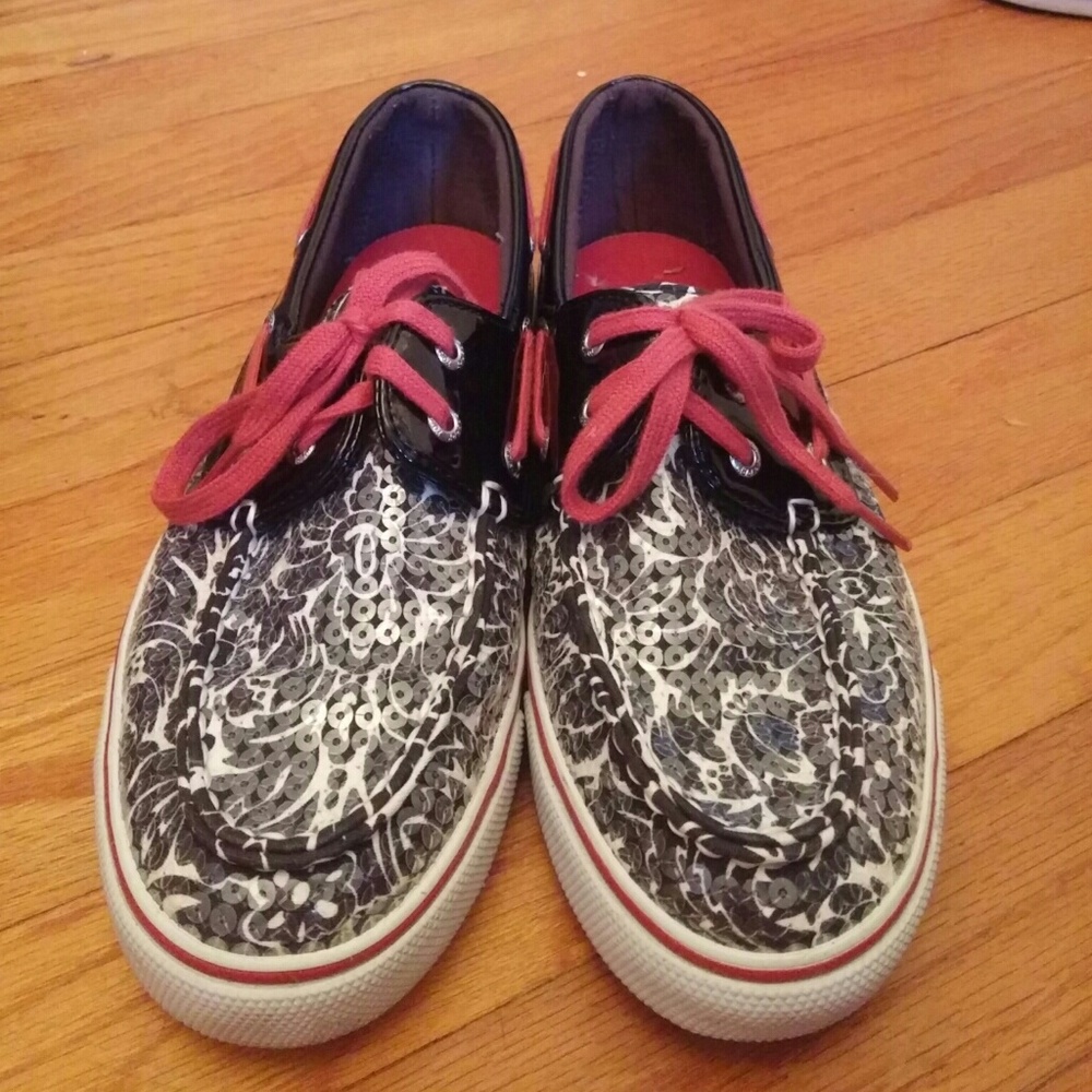 NWOT Sequined black, white, and red Sperry's