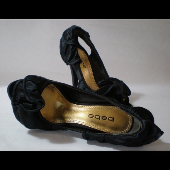 Bebe satin black heels, leather sole - Picture 2 of 5