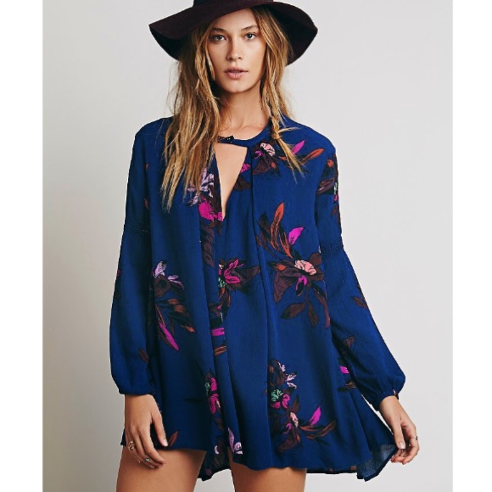 FLORAL Swing Tunic DRESS Electric Orchid Blue Tree - Picture 2 of 3