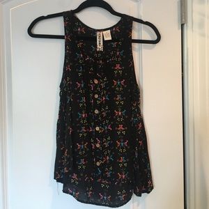 Black swing tank top with colorful bird pattern