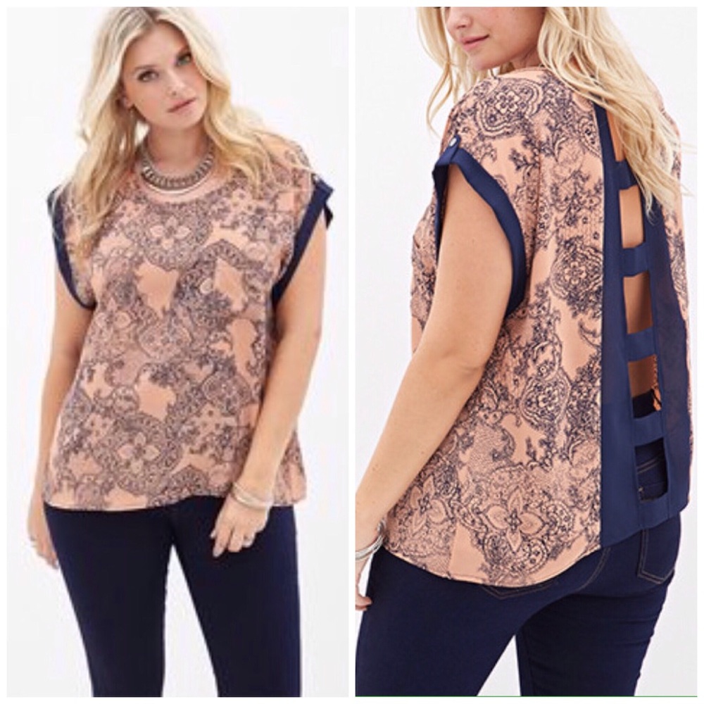 Coral & Navy Print Blouse