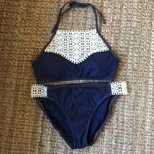 Kenneth Cole Reaction Crochet-Trim Denim Bikini