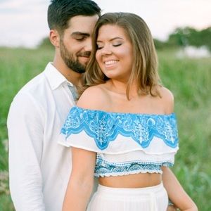 Off the shoulder blue and white crop top blouse