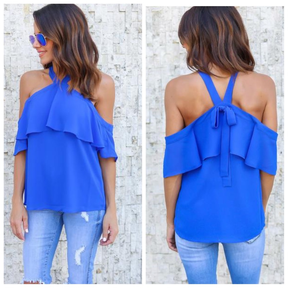 Royal halter elegant neckline bow back top - Picture 1 of 2