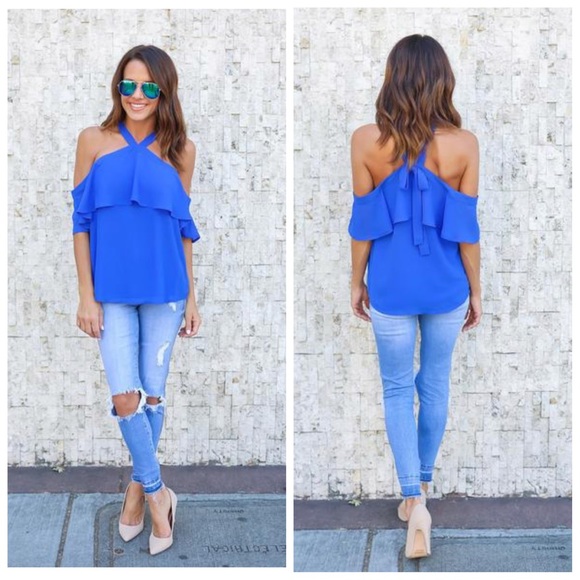 Royal halter elegant neckline bow back top - Picture 2 of 2