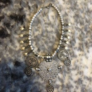 Medallion & beaded silver necklace