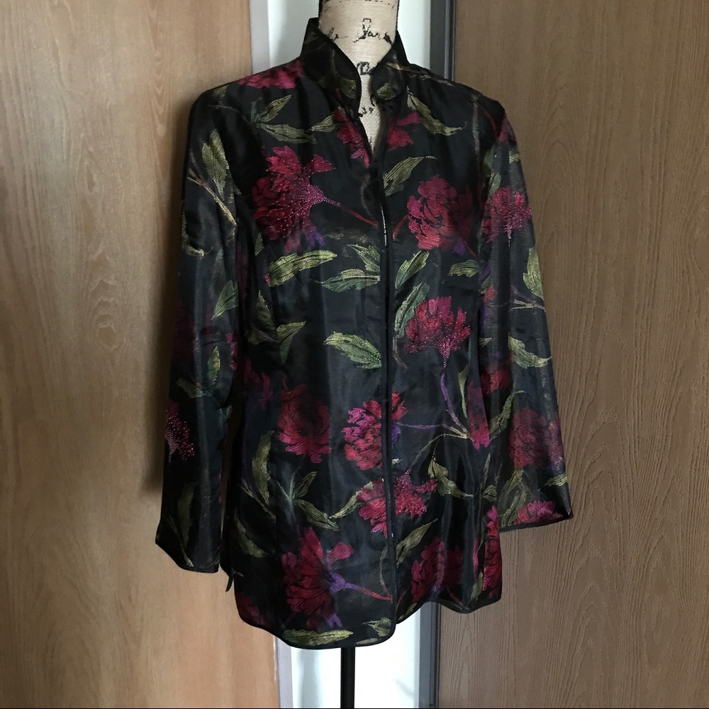Chico's 100% Silk Beaded Floral Asian Style Jacket