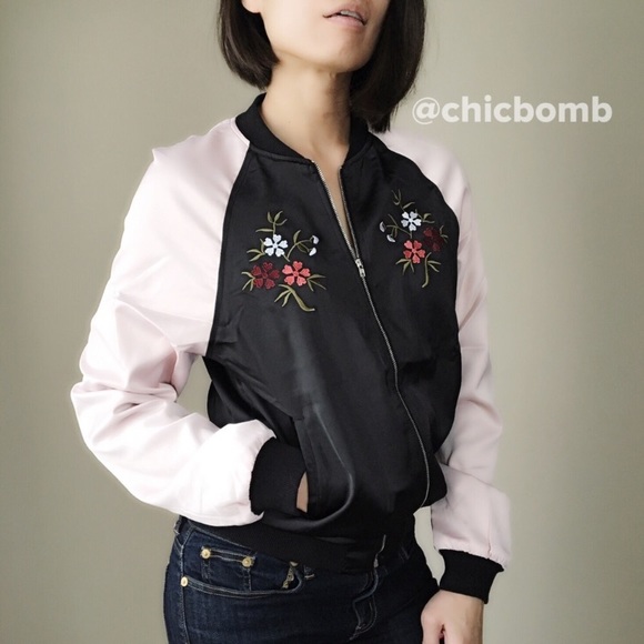 Satin floral blush bomber jacket - Picture 3 of 5