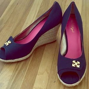 Lilly Pulitzer Dark Blue Canvas Wedges