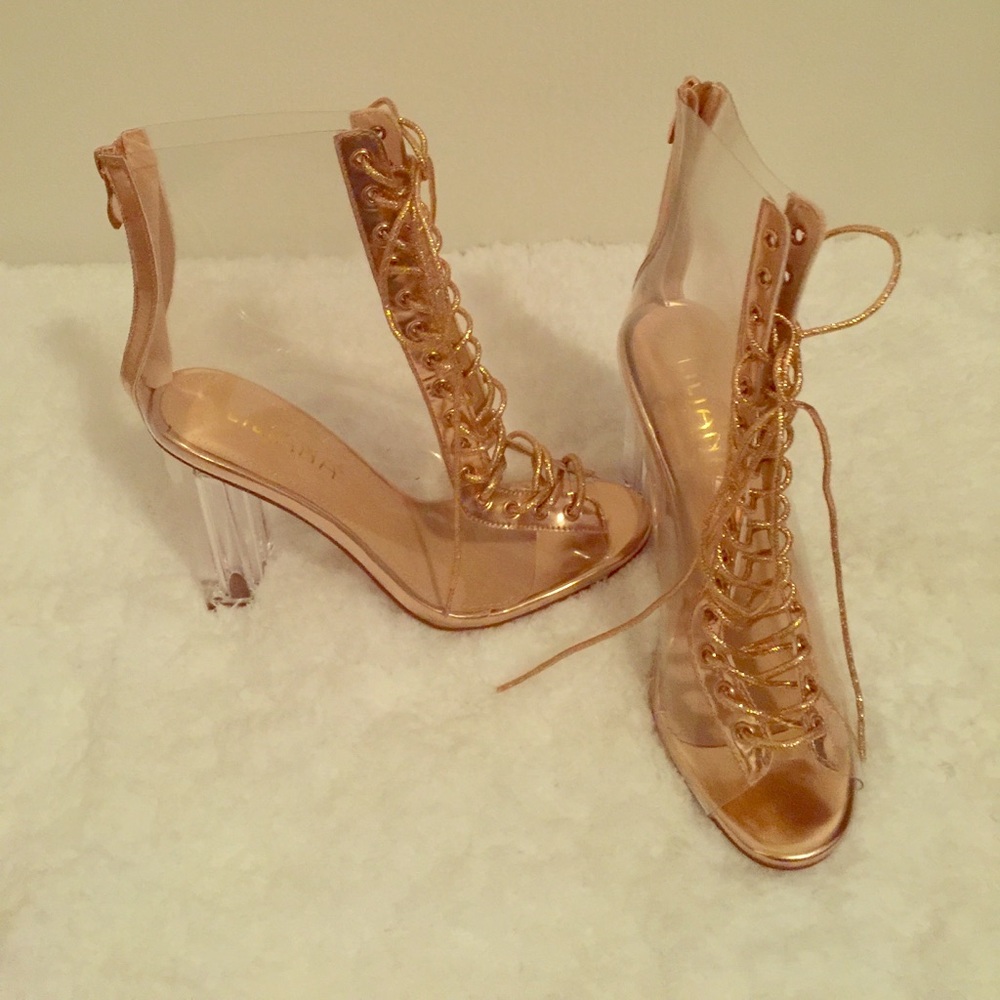 Rose gold lucite lace-up booties