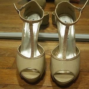 Nude patent heels with sparkle trim
