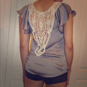 GRAY SILK top with knit back detailing